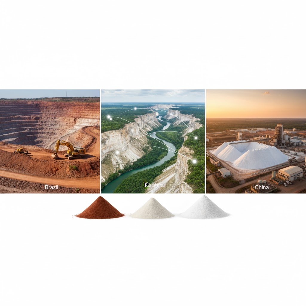 カオリナイトの主な産地を示すパノラマ画像。露天掘り鉱山での採掘風景、精製プラント、白いカオリン粘土の粉末。