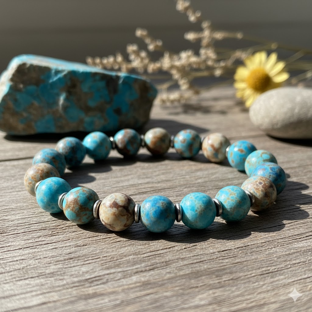 インプレッションストーンのブレスレット。水色と茶色の模様が美しい天然石。パワーストーンアクセサリー。