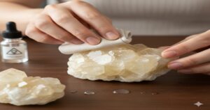 カルサイトが水に弱い: 日本人女性がカルサイトの結晶に水滴を垂らし、やわらかい布で優しく拭き取っている様子。デリケートな石のケアの重要性を示唆する。