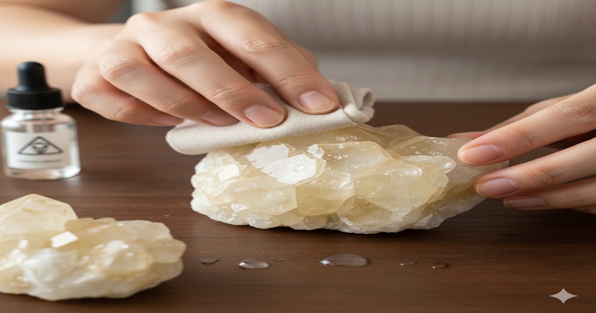 カルサイトが水に弱い: 日本人女性がカルサイトの結晶に水滴を垂らし、やわらかい布で優しく拭き取っている様子。デリケートな石のケアの重要性を示唆する。