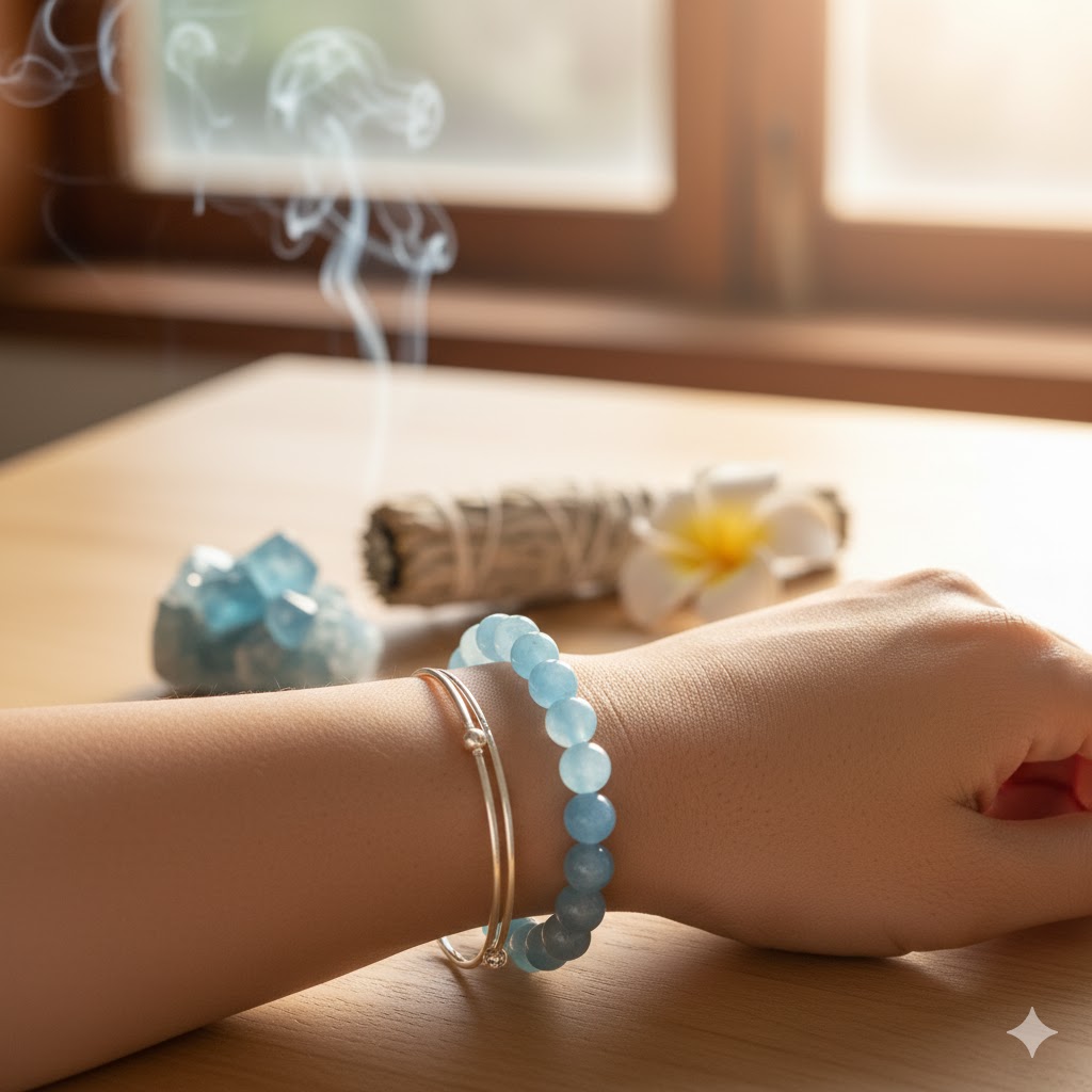 蒼いカルサイトのブレスレット: 日本人女性の手首を飾る蒼いカルサイトのブレスレット。セージの煙が浄化の儀式を思わせ、神秘的な雰囲気を醸し出す。