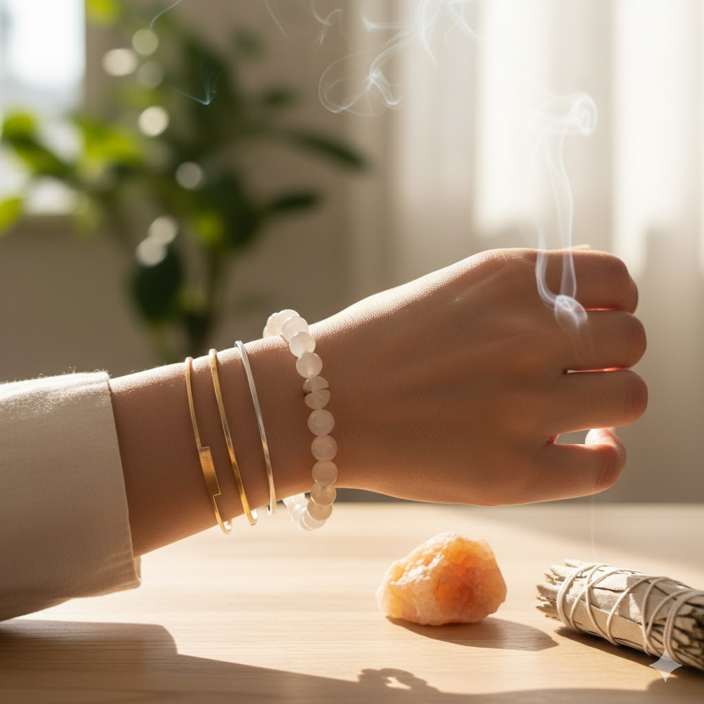 カルサイトのブレスレット: 日本人女性の手首に白いカルサイトのブレスレットが輝き、煙がたゆたう空間で浄化されている様子。パワーストーンとしての癒しを表現。