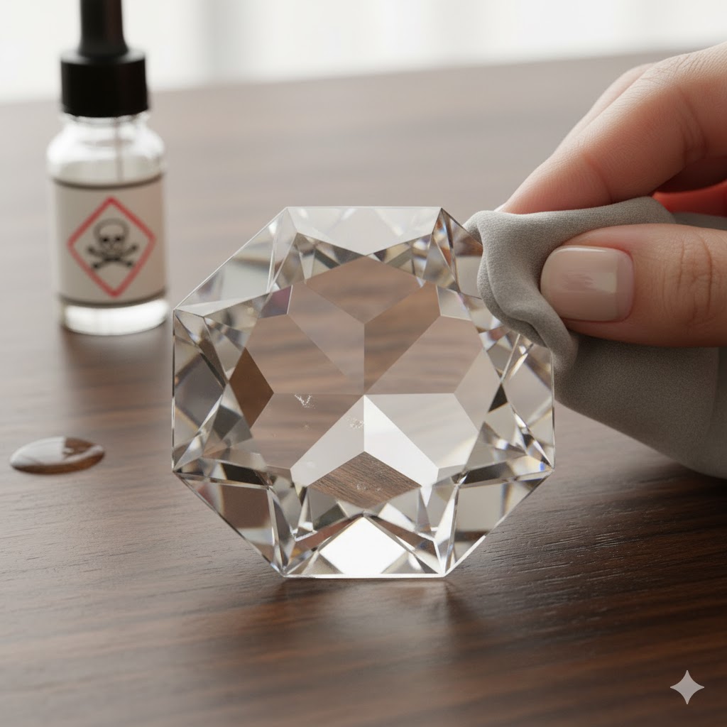 カットされた透明なカルサイト: 日本人女性がカットされた透明なカルサイトを布で磨いている。水滴が近くにあり、デリケートな取り扱いが求められる石の特性を示す。