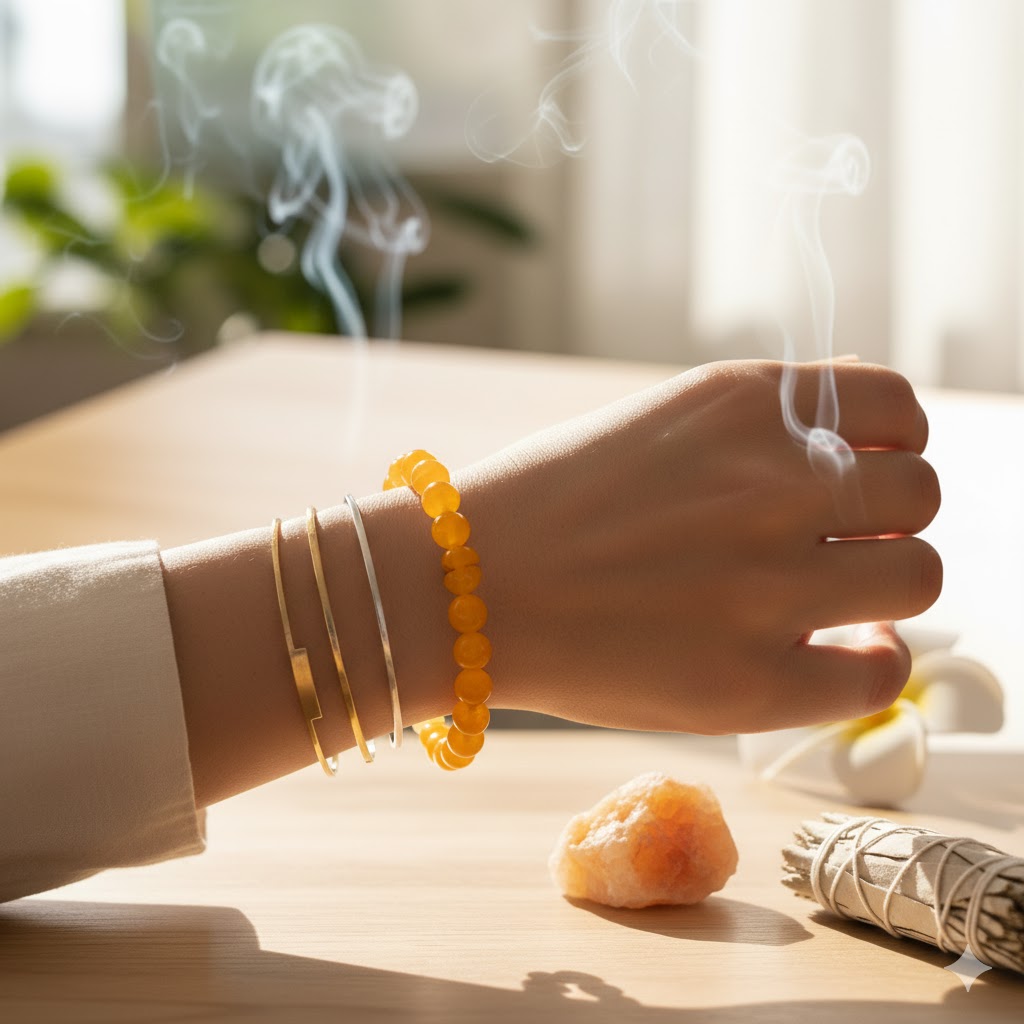 オレンジ色のカルサイトのブレスレット: 日本人女性が着用する鮮やかなオレンジ色のカルサイトブレスレット。温かい光の中でセージの煙が浄化のエネルギーを高めている。
