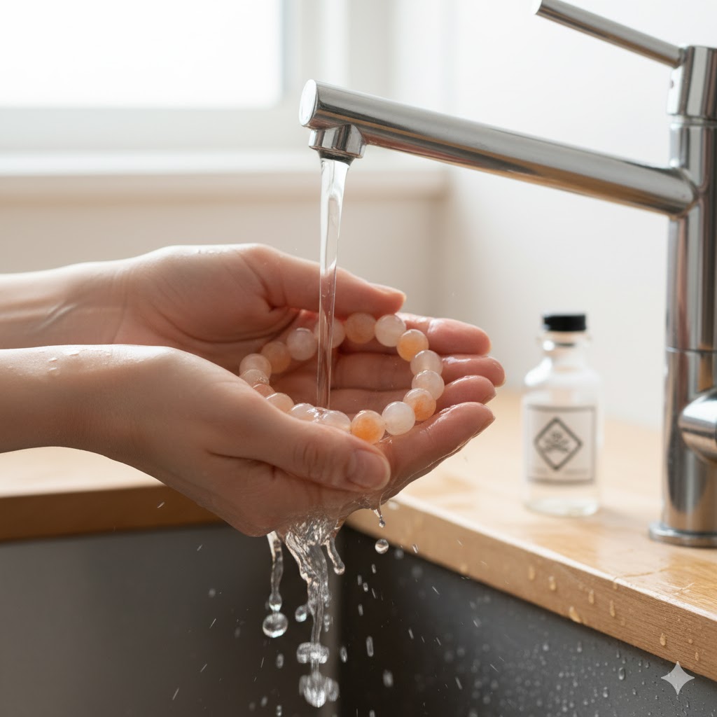 カルサイトのブレスレットに流水をあてる: 日本人女性がカルサイトのブレスレットを両手で持ち、蛇口から流れる水を直接当てている様子。カルサイトには不適切な浄化方法の例。