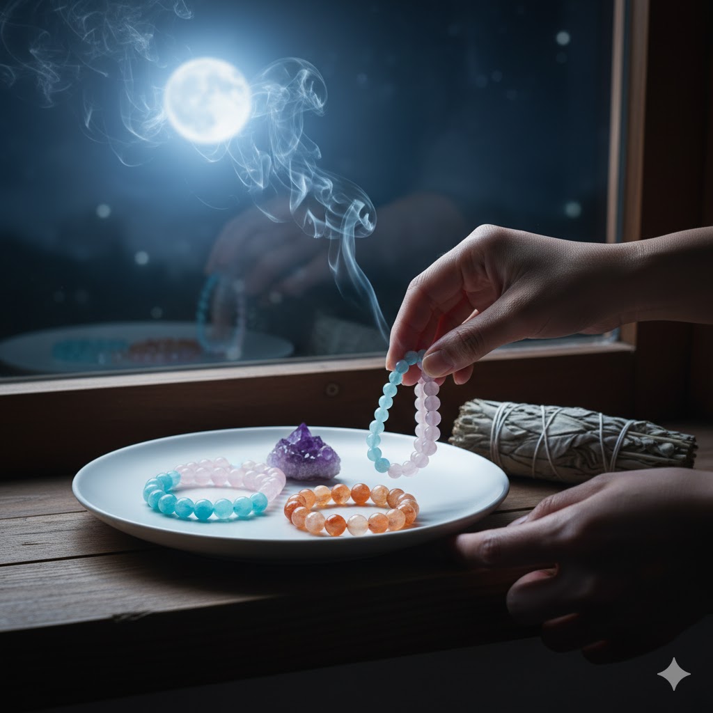 カルサイトのブレスレットを窓辺で月光浴させている