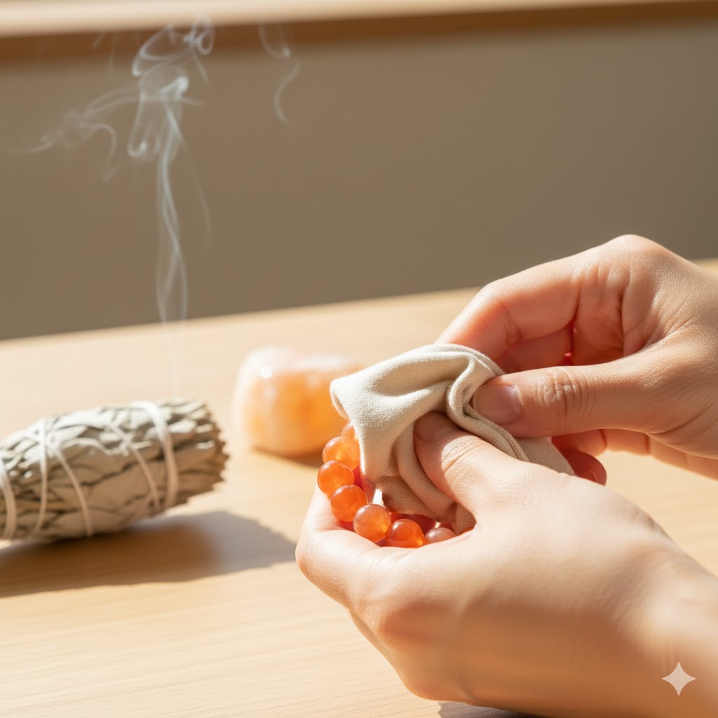 カルサイトの手入れ。日本人の女性が、水に弱い黄色のカルサイト結晶についた水分を、乾いた柔らかい布で優しく拭き取っている様子。