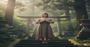 木漏れ日が差す神社の参道で、目を閉じ合掌する日本人女性。鳥居を背景に、自身の霊感と向き合い、神社との良い関係を築く様子が神秘的に描かれています。