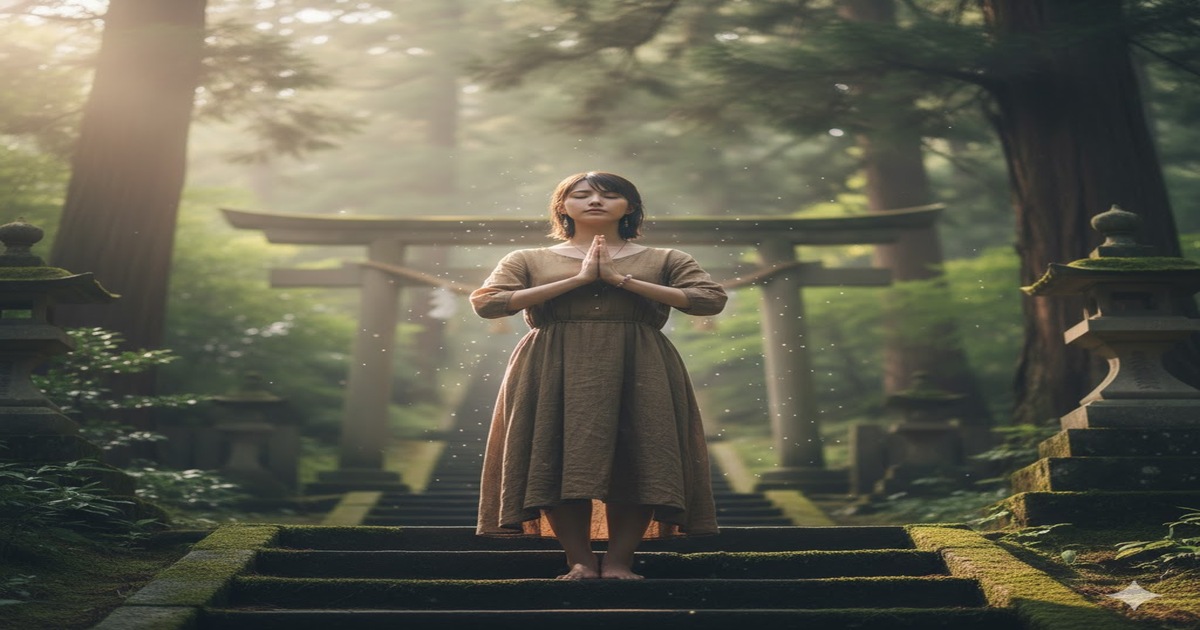 木漏れ日が差す神社の参道で、目を閉じ合掌する日本人女性。鳥居を背景に、自身の霊感と向き合い、神社との良い関係を築く様子が神秘的に描かれています。