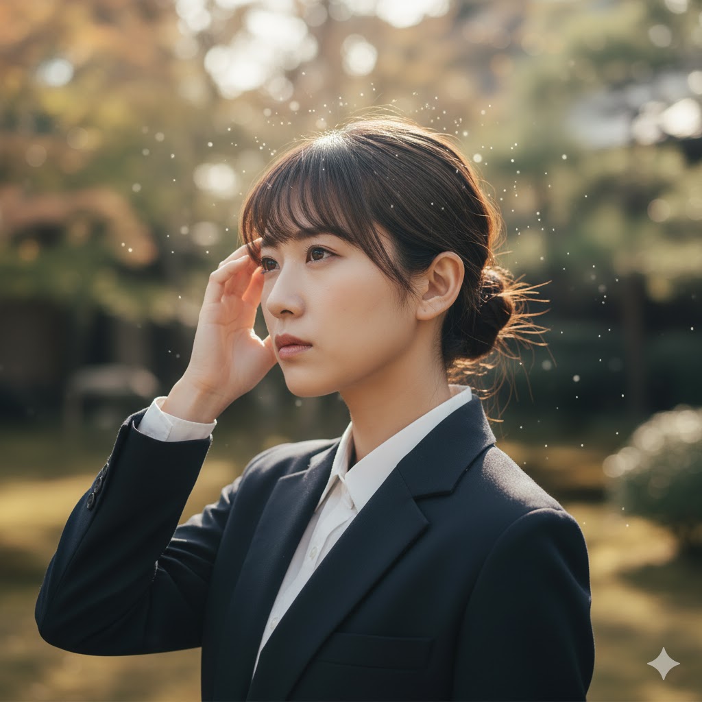 柔らかな光の中で、遠くを見つめながら額に手を当てる日本人女性。彼女の周りには小さな光の粒が舞い、霊感が強く感受性が豊かな人物の特徴を象徴しています。