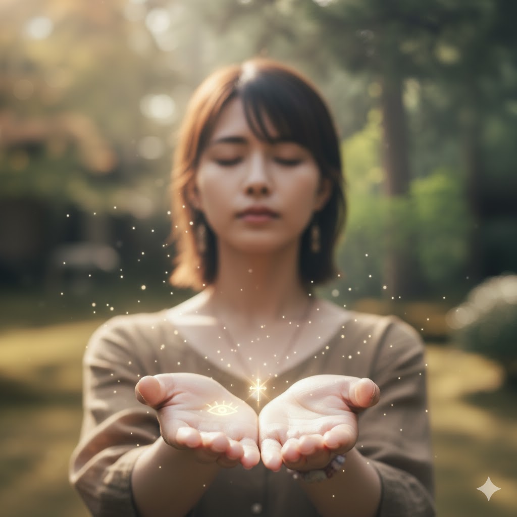 両手を広げ、掌から光が放たれる日本人女性。掌には神秘的なシンボルが描かれ、霊感が強い人の手相に現れるスピリチュアルな才能とパワーを表現しています。