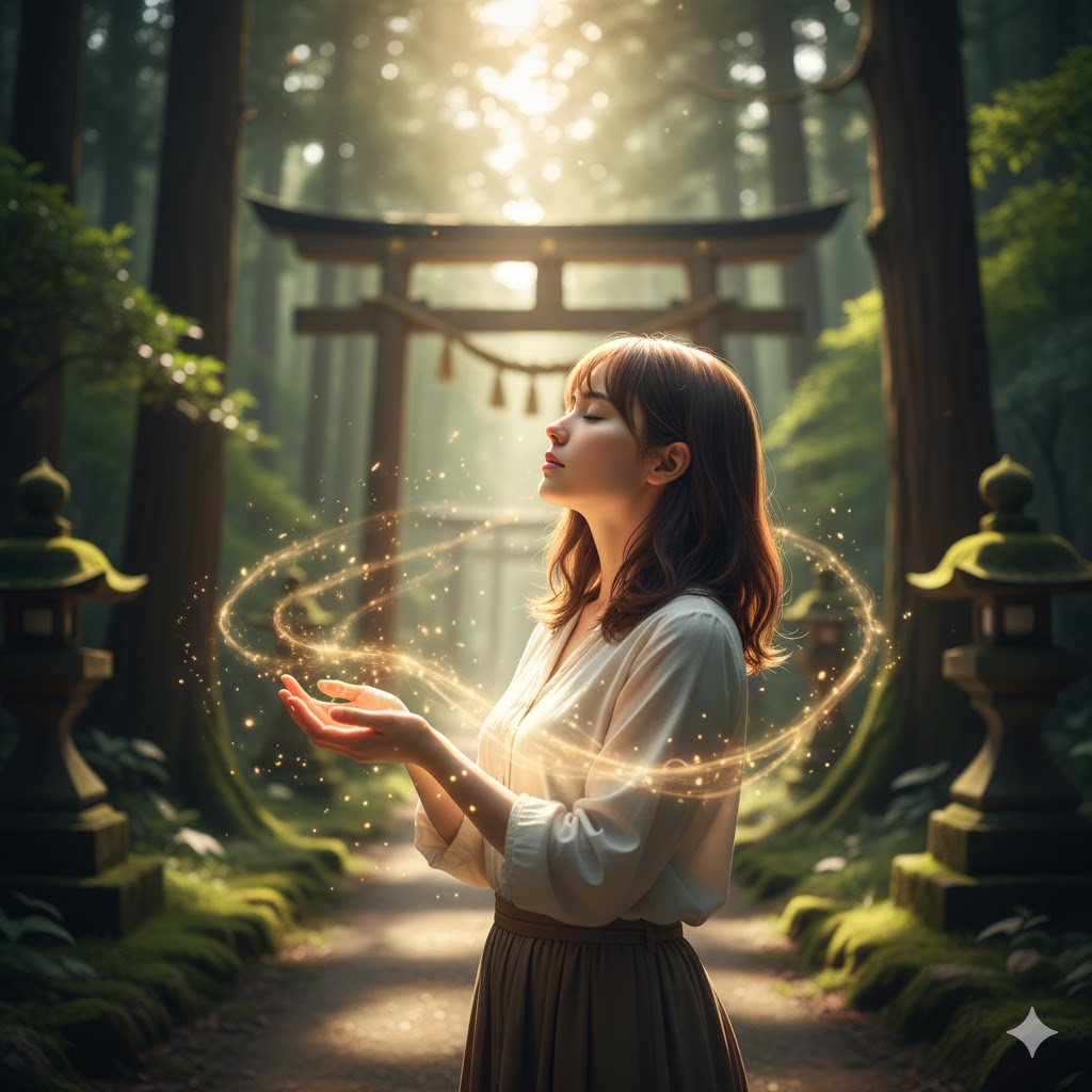 神社の参道で目を閉じ、両手を広げて光のエネルギーを感じる日本人女性。彼女の周りを巡る光の輪は、霊感が強い人が感じる清らかなエネルギーの流れを示しています。