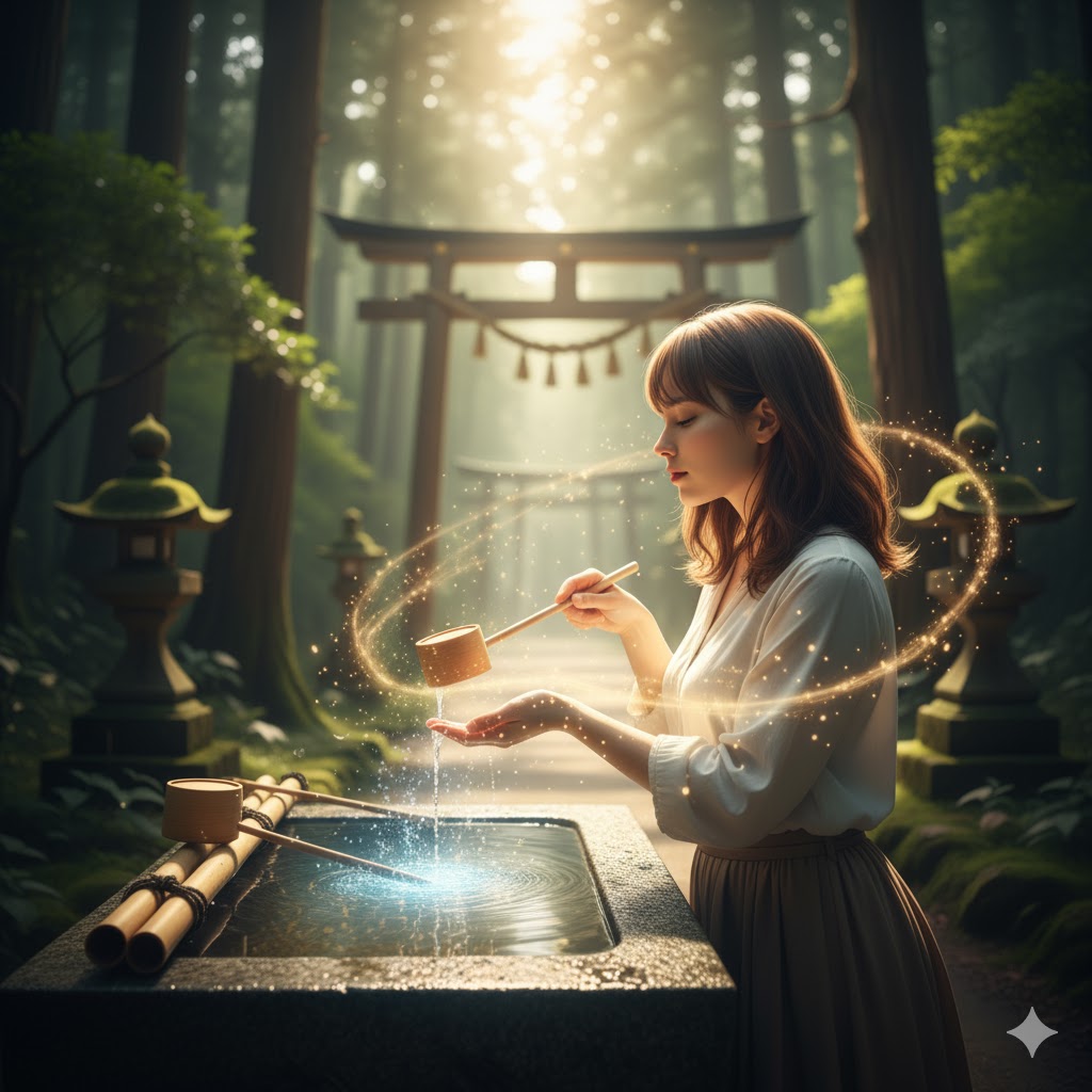 手水舎で柄杓を使い、清らかなご神水を掌に受ける日本人女性。流れる水と光の粒が神聖な浄化の力を象徴し、霊感が強い人にとってのご神水の重要性を表しています。