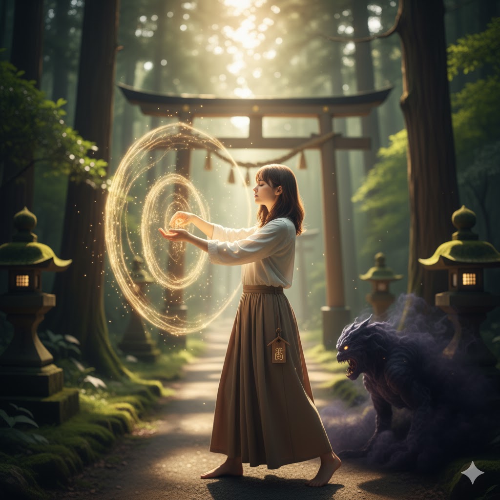 神社の参道で、光のエネルギーで魔除けの作法を行う日本人女性。背後には邪気を象徴する影が描かれ、霊感が強い人が自身の身を守るための神聖な行いを表現しています。
