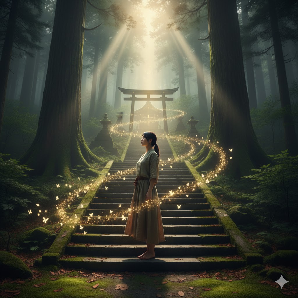 木漏れ日が降り注ぐ神社の石段で、光の蝶に導かれながら上を見上げる日本人女性。彼女の周りを巡る光の軌跡は、霊感が強い人が特定の神社に「呼ばれる」神秘的な感覚を表現しています。