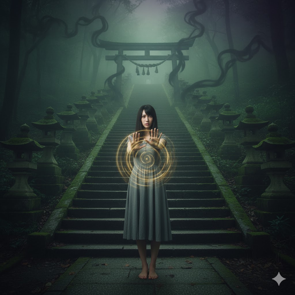 霧に包まれた神社の参道で、両手を前に出し光の輪で邪気を払う日本人女性。背景には不穏な気配が漂い、霊感が強い人が避けるべき場所や注意すべきエネルギーを示唆しています。