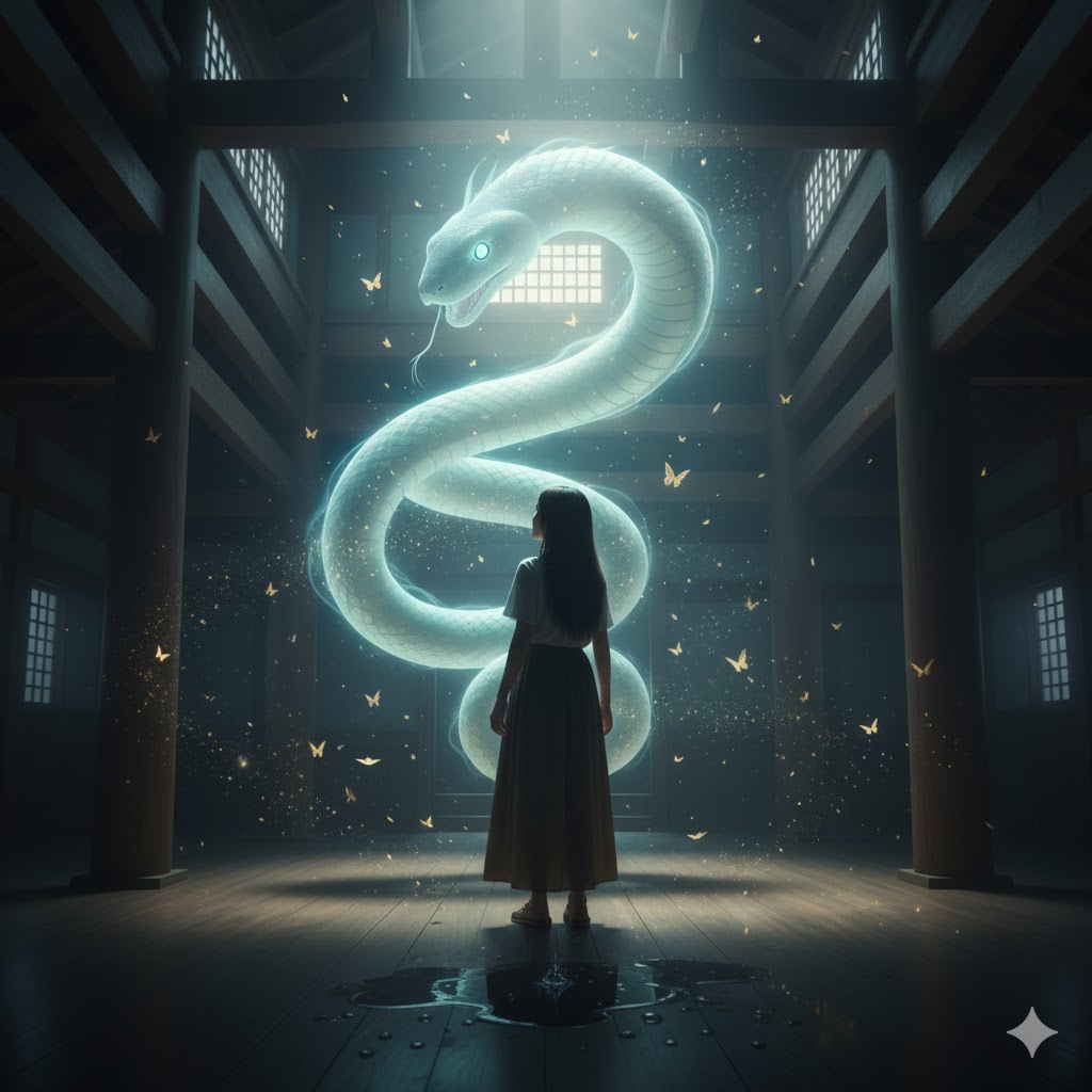 神社の社殿内で、光り輝く巨大な白蛇を見上げる日本人女性。周囲には光の蝶が舞い、霊感が強い人が体験する白蛇や龍神との出会いのような、神秘的で不思議な出来事を描いています。