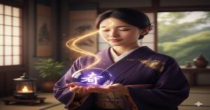 霊感が強い一文字の名前に宿る霊性をイメージした画像。和室で神聖な漢字のエネルギーを手に持つ女性。