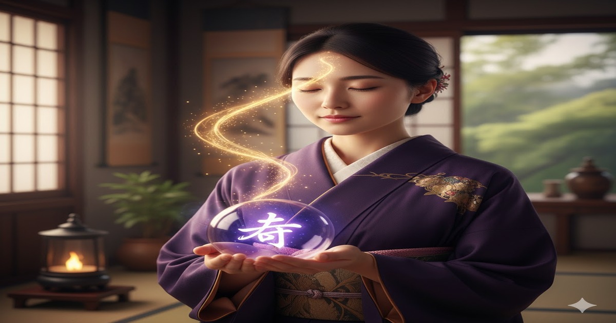 霊感が強い一文字の名前に宿る霊性をイメージした画像。和室で神聖な漢字のエネルギーを手に持つ女性。