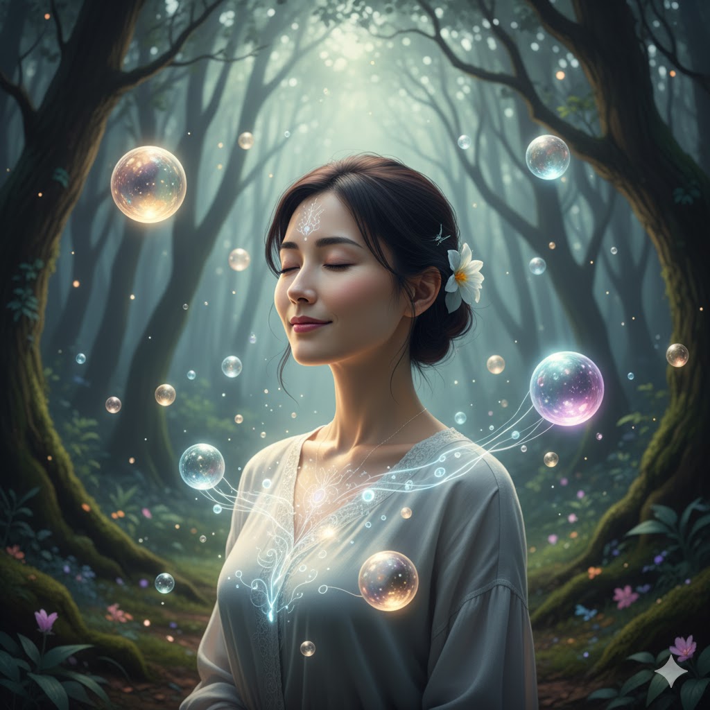 「霊感が強いとは」をテーマにした神秘的な森の画像。目を閉じて瞑想する女性の周りに、霊的な光のオーブが浮かび、感受性の高まりを表現している。