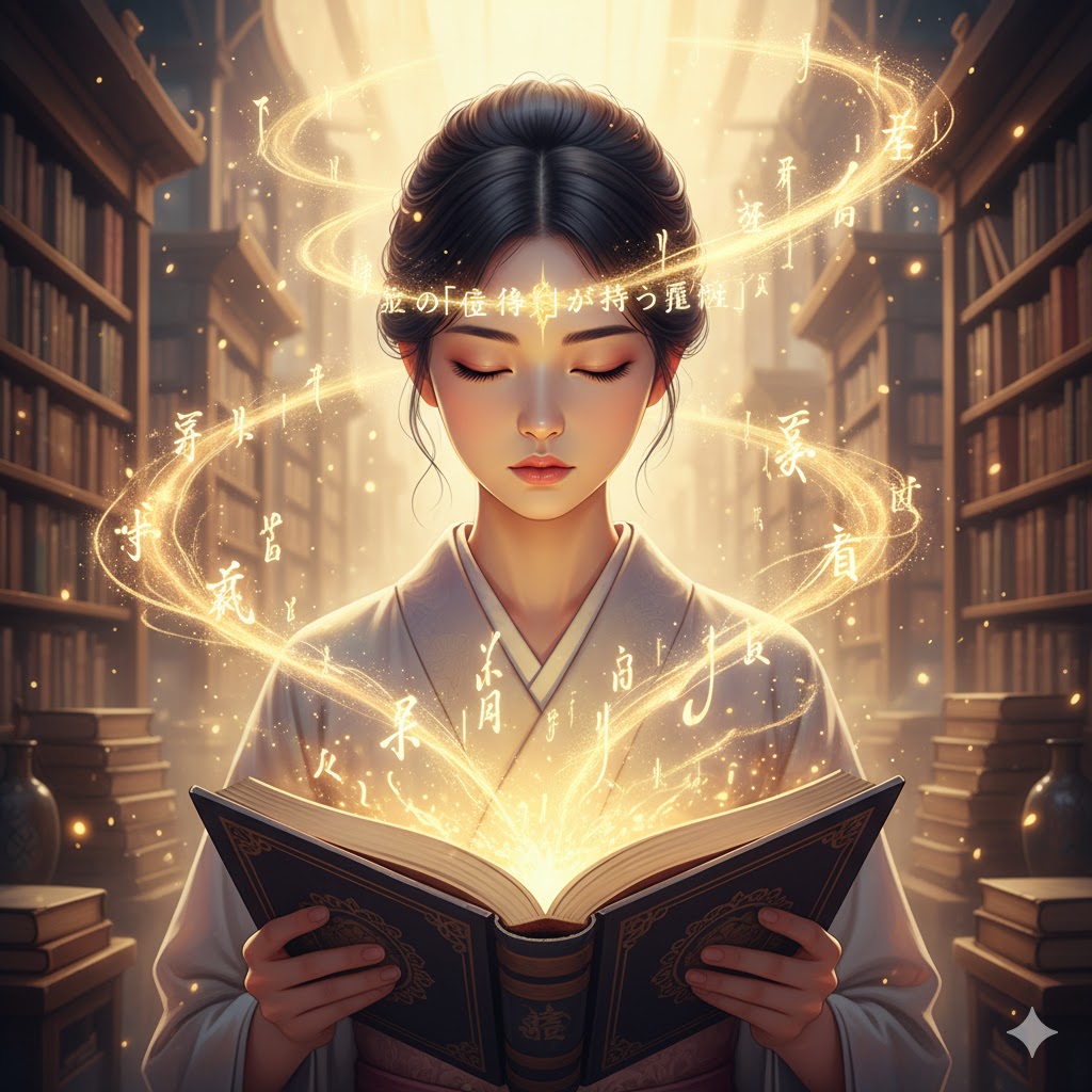 漢字の「意味」が持つ霊性を表現する画像。図書館で本を開く女性の頭上と本から、文字の霊的な光のエネルギーが輝いている。