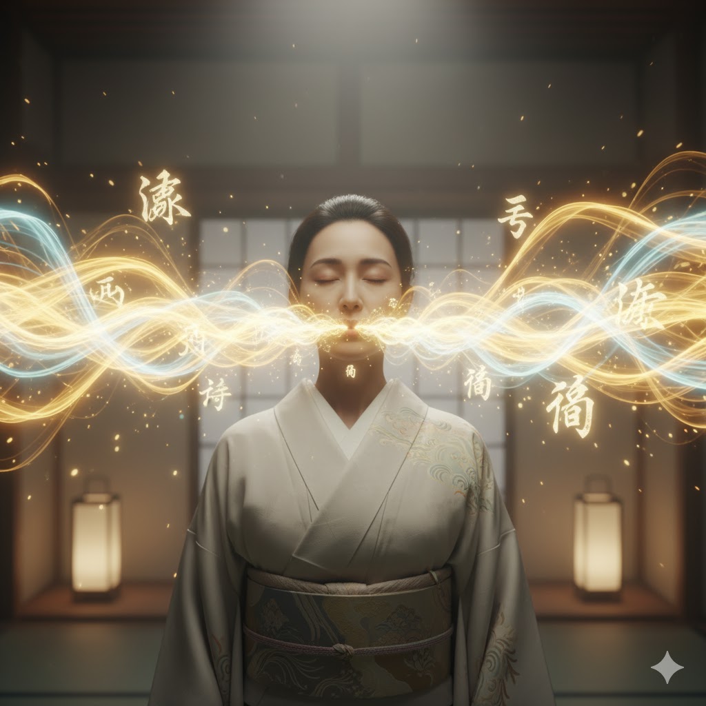 漢字の「音」の力、言霊の霊性を表す画像。目を閉じた女性の口から発せられた音のエネルギーが金色の波紋となり、霊的な漢字が浮かび上がる様子。