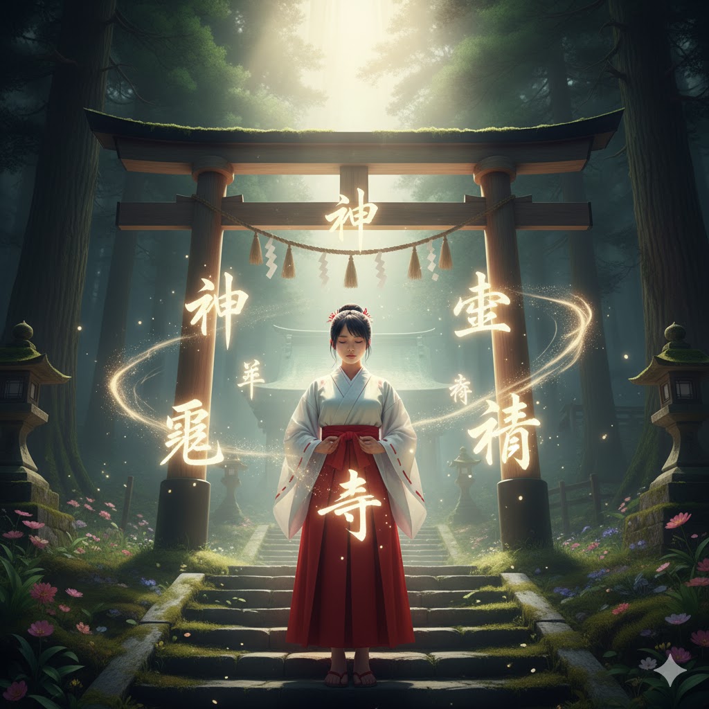 霊性が宿る漢字「神聖・神格」をイメージしたスピリチュアルな画像。巫女姿の女性が、神社の神聖な鳥居を見上げ、神の存在を感じている様子。