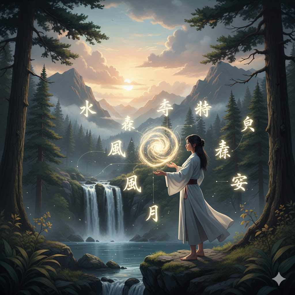 霊性が宿る漢字「神意・自然」のイメージ。雄大な滝と山々を背景に、女性が自然のエネルギーを手に持つスピリチュアルな画像。