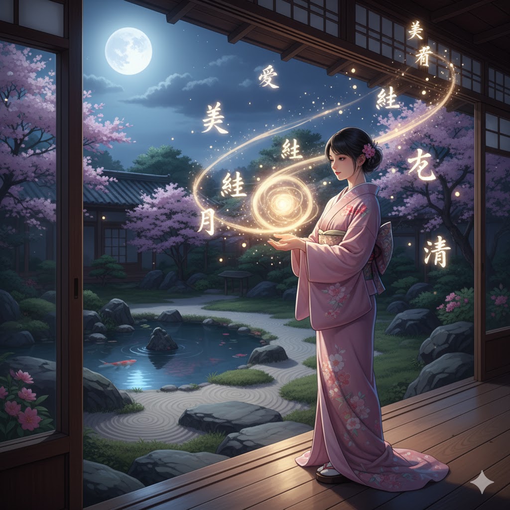 女の子におすすめの霊的な漢字のスピリチュアルなイメージ。美しい自然の中で、巫女のような女性が神秘的な光を手にしている。