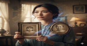 霊感の遺伝について考える若い日本人女性。過去の家族写真(子供と高齢の女性)を持ち、スピリチュアルなエネルギーが家族間で繋がる様子を表現。