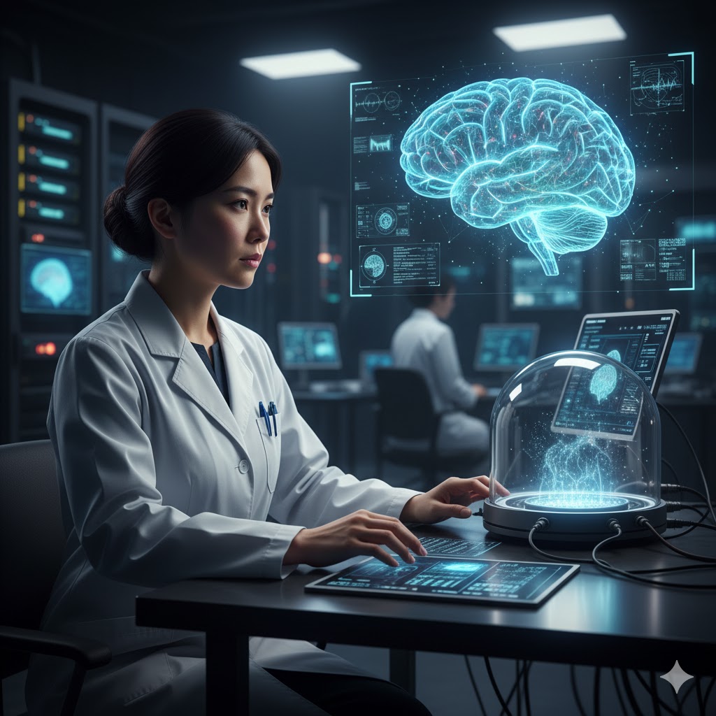 研究所でコンピューターを操作する日本人女性科学者。脳のホログラムやデータが表示され、霊感の科学的根拠を研究するイメージ。