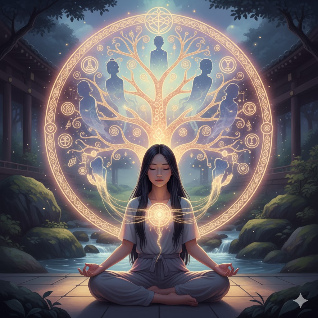 瞑想する日本人女性と、背後に広がる生命の樹のようなスピリチュアルな紋様。魂の繋がりや遺伝が光のエネルギーで描かれた神秘的な風景。