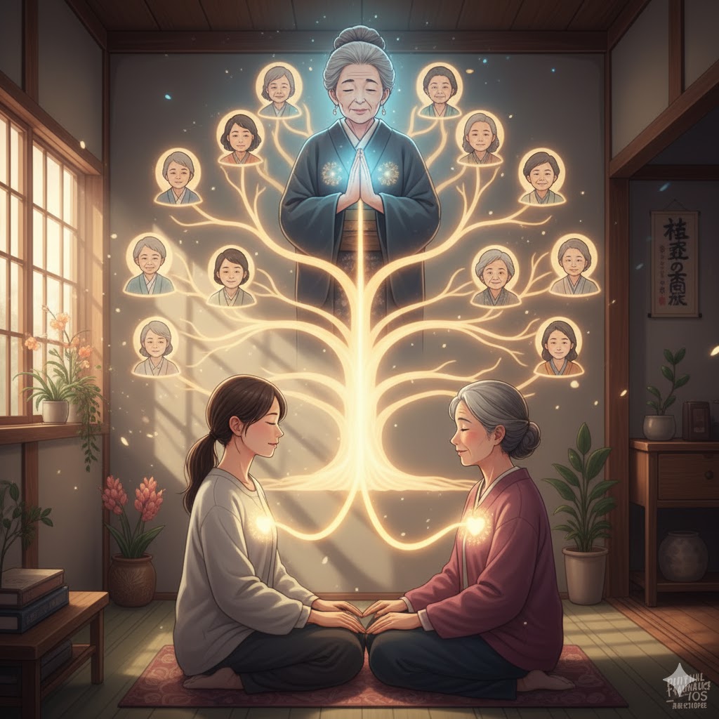 母方の祖母、母親、そして子供へと続く家系の繋がりを示す生命の樹。日本人女性二人が手を繋ぎ、霊感が母系で受け継がれる様子を表現。