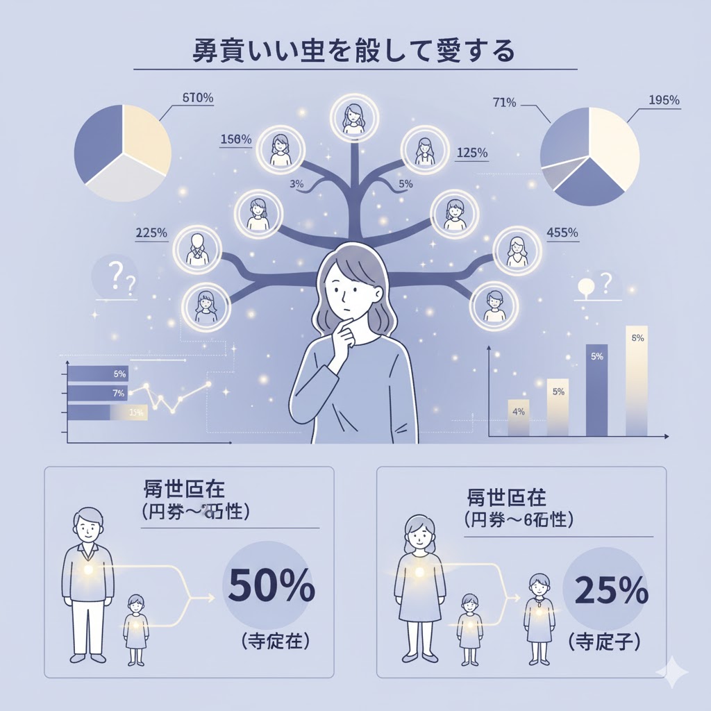 霊感の遺伝確率を示すインフォグラフィック。家系図やグラフ、パイチャートを用いて、隔世遺伝や特定の子供に霊感が現れる可能性を視覚化。