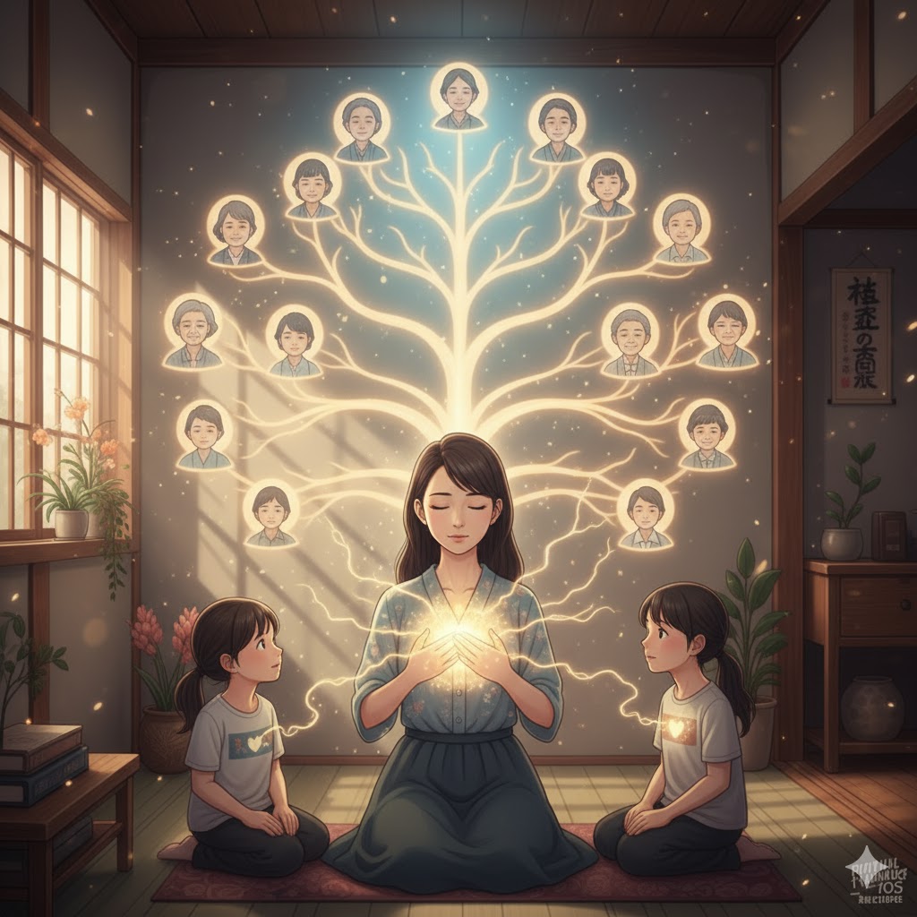中心に座る日本人女性と、その周りに広がる家系の魂の繋がり。二人の子供が母親を見上げ、霊感が隔世遺伝や特定の子に現れる様子を表現。