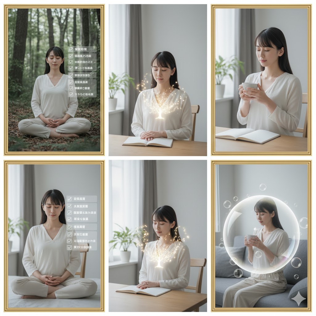 霊感を持つ日本人女性が瞑想する姿と、その周りにチェックリストの項目が表示されている。霊感のある人の特徴を視覚的に表現したイラスト。