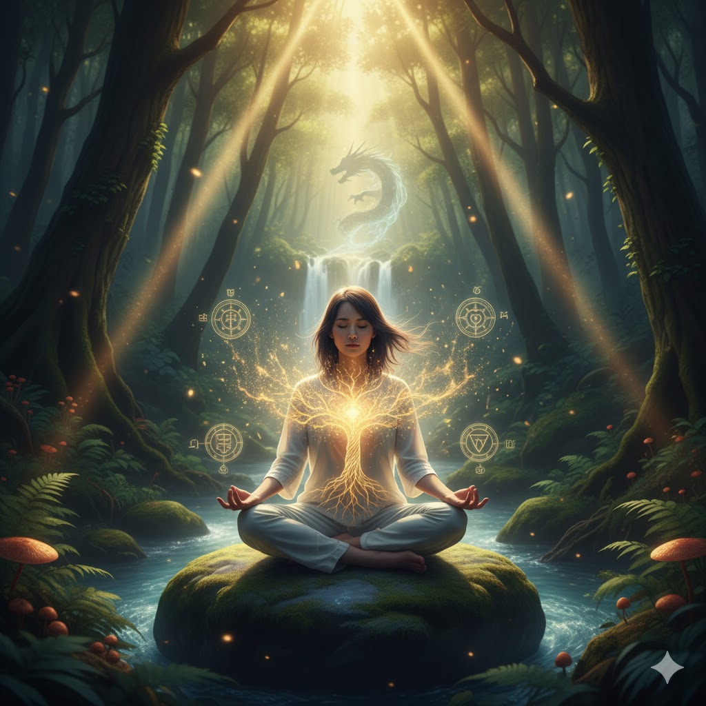 森の中で瞑想する日本人女性。光り輝く生命の樹が女性の胸から伸び、滝と龍のシルエットが見える。霊感を鍛える瞑想の効果を表現。