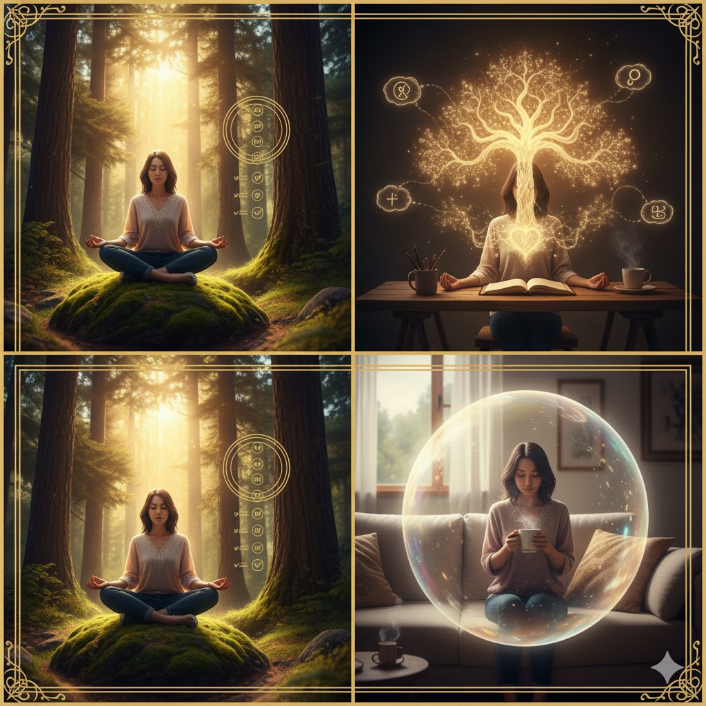 瞑想や学習、自己防衛のバブルの中で穏やかに過ごす日本人女性の四分割イラスト。後天的に霊感を高める様々な方法を象徴。