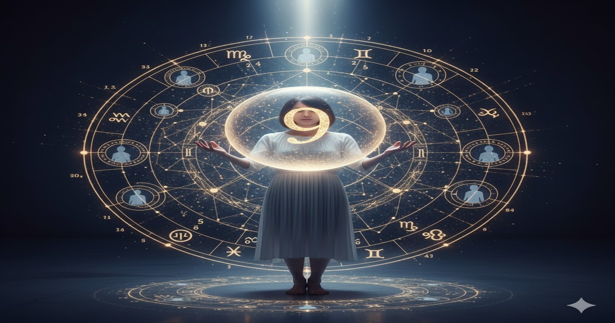 「数秘術 9 霊感」の画像コラージュ。数字の9と女性をモチーフに、エンパスの才能、孤独、生きづらさを表現。