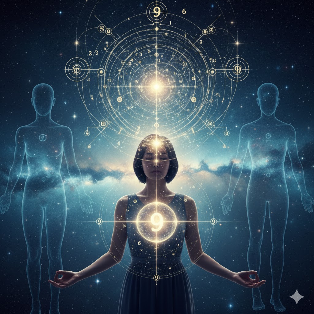 数秘術 9 霊感のコラージュ。数字の9を持つ日本人女性が、高次の理解力、エンパス、孤独、自己犠牲、生きづらさといったテーマを表現。