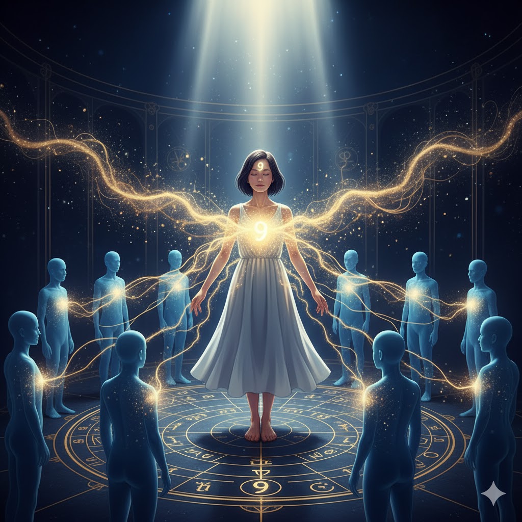 数秘術9とエンパス体質の関連。数字の9を持つ女性が、高次の理解力、孤独、才能を表現するコラージュ。