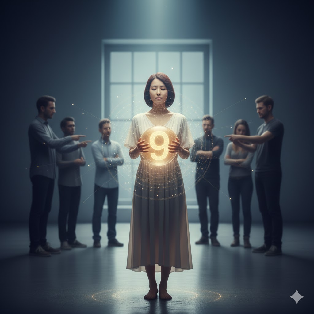 数秘術9の霊感をテーマにした画像コラージュ。日本人女性と数字の9で、エンパス、孤独、生きづらさの核心を表現。