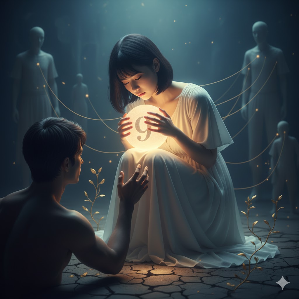 数秘術9の霊感をテーマにした画像コラージュ。日本人女性と数字の9で、エンパス、孤独、自己犠牲、生きづらさを表現。