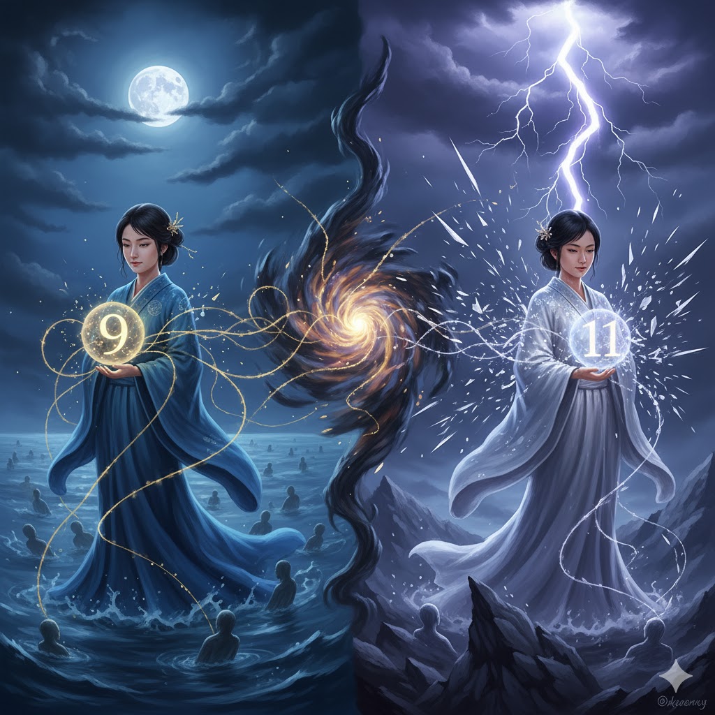 数秘術9と11の霊感の違いを示す画像コラージュ。日本人女性と数字の9、11で、エンパスやHSPとの関連を表現。