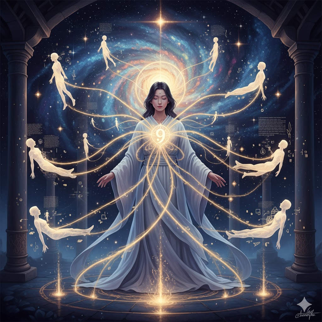 数秘術9の霊感に関する画像コラージュ。日本人女性と数字の9を使い、高次の理解力、エンパス、孤独、自己犠牲、生きづらさといったテーマを表現。