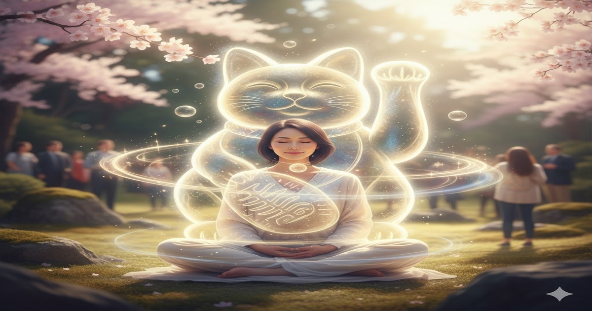 桜の下で瞑想する日本人女性と、その背後に輝く招き猫のスピリチュアルなオーラ。人々が集まる中で、自身の体質と霊感のバランスを取ろうとする様子を表す。