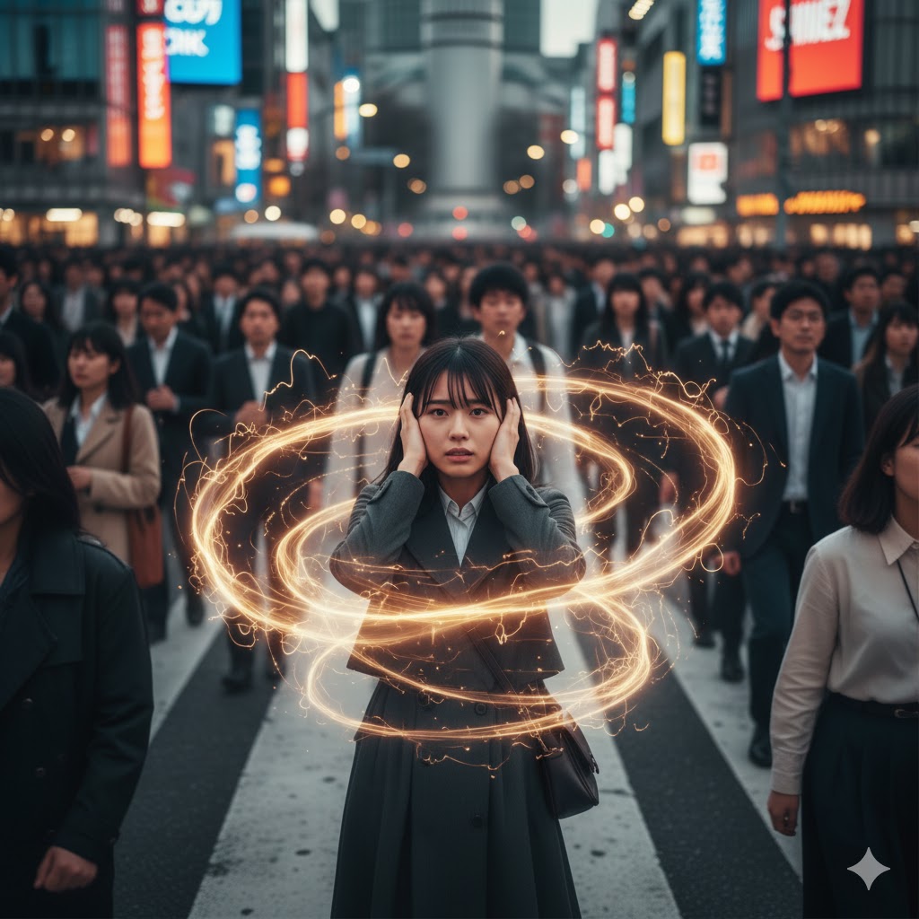 渋谷のスクランブル交差点で、大勢の人混みの中で耳を塞ぐ日本人女性。彼女の周りに渦巻くエネルギーは、感受性の高い人が周囲の気や感情に圧倒されている状態を表現。