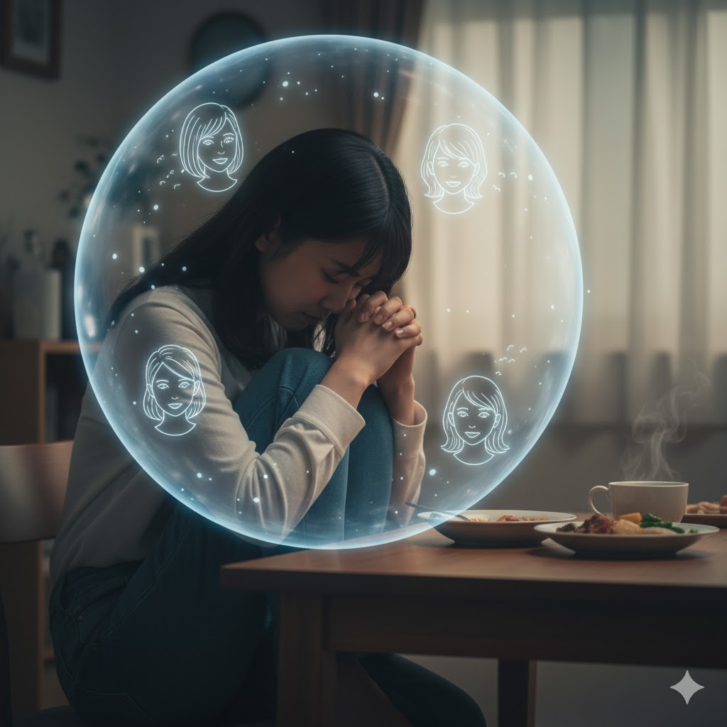 自宅の食卓で、膝を抱えてうなだれる日本人女性。彼女を包む泡の中には複数の顔のイラストが浮かび上がり、他者への過剰な共感や罪悪感、 HSPの敏感な気質を象徴的に描写。