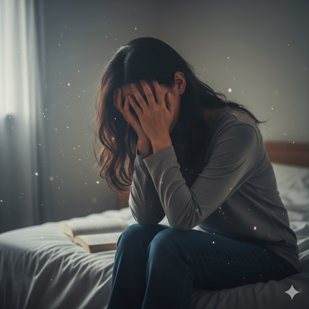 薄暗い寝室のベッドに座り込み、顔を手で覆って疲れ切った様子の日本人女性。周囲に漂うきらめく光の粒子が、霊的なエネルギーの吸収やHSP特有の消耗感を表す。
