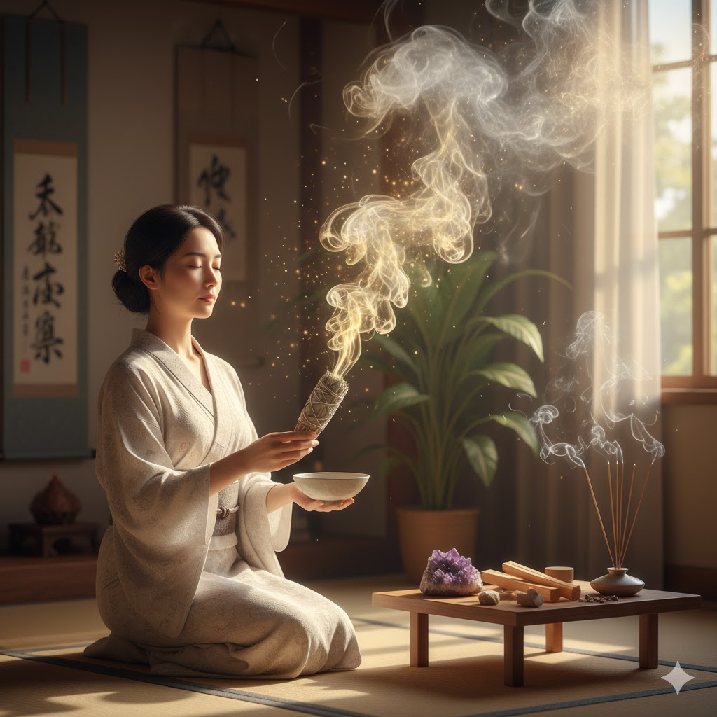 窓辺で目を閉じ、燃えるセージの煙を浴びる日本人女性。立ち昇る白い煙が、ネガティブなエネルギーを部屋から浄化し、空間と心を清めている様子を描写。